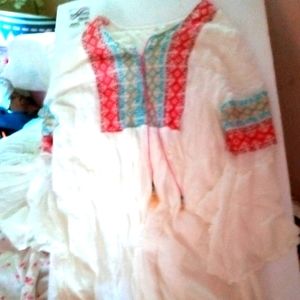 Boho embroidered gauze tunic dress with exaggerated sleeves